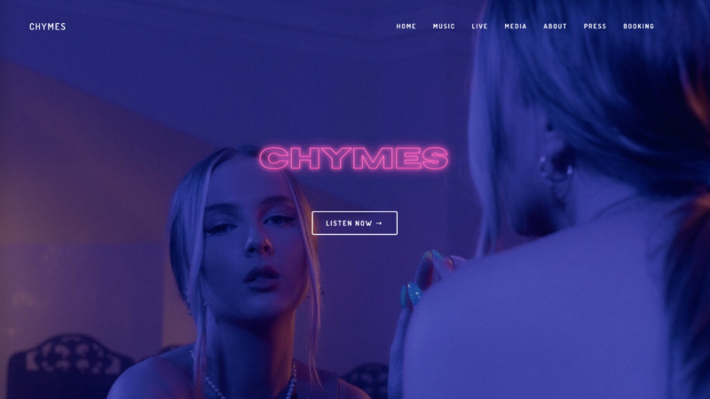 Capture d'écran du site web de Chymes, artiste de pop électronique australienne